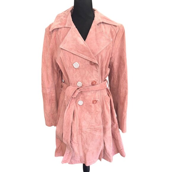 NWT Soft Blush Pink Suede Double Breasted Trench Coat Leather Luxe Designer City - Picture 2 of 16